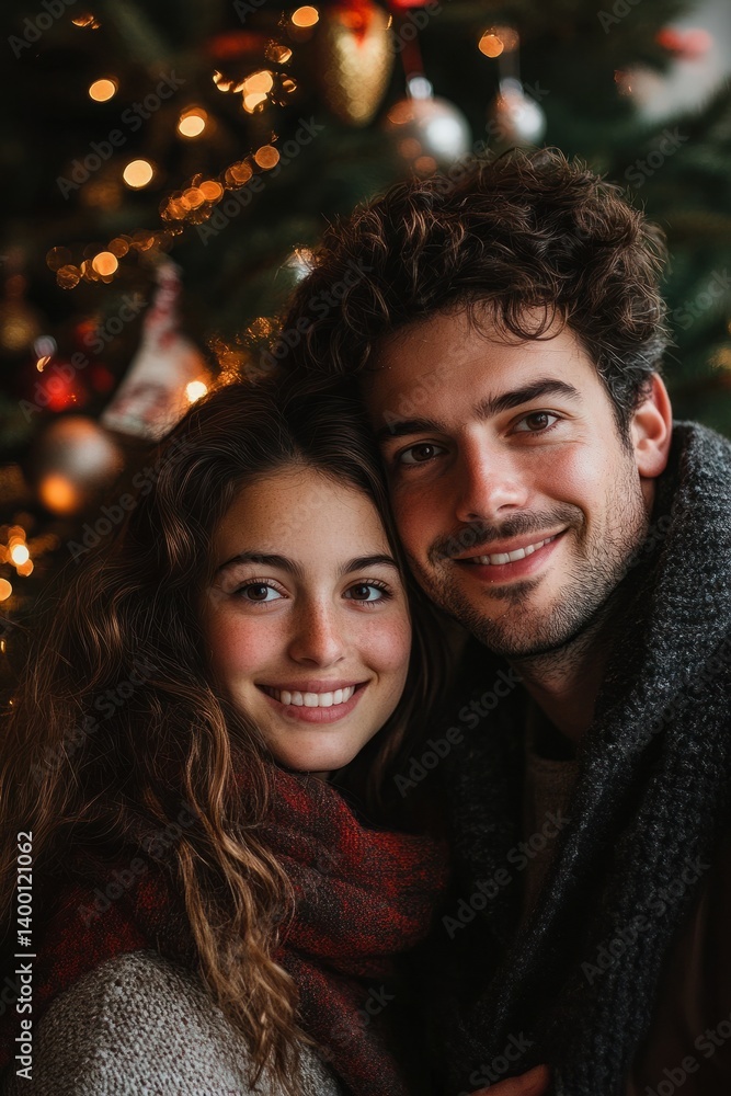 Joyful Couple Embracing Together in Front of a Beautifully Decorated Christmas Tree with Warm Holiday Lights Joyful Couple Embracing Together in Front of a Beautifully Decorated Christmas Tree with Warm Holiday Lights