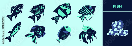 Underwater fish collection with salmon, goldfish, carp, discus, regal blue tang, fish roe. Editable icon elements, size and color.