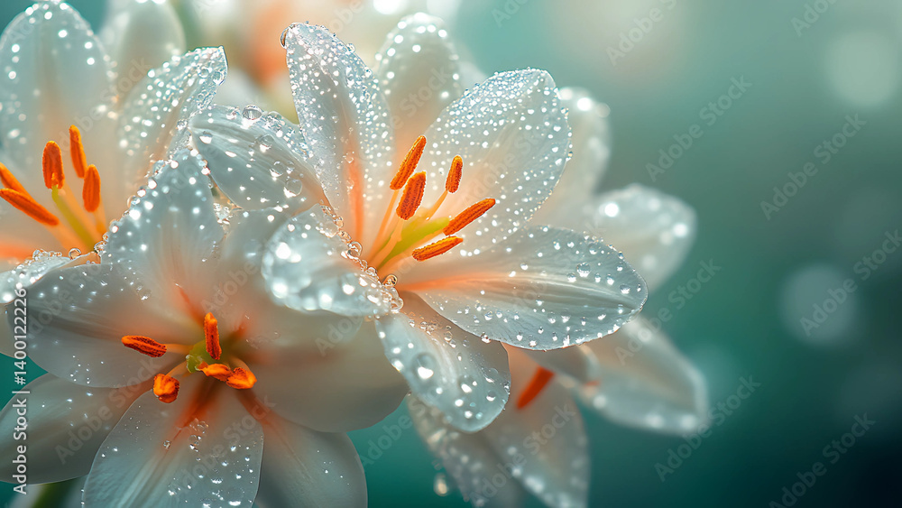 Fototapeta premium Beautiful White Lily Flowers With Water Droplets Closeup Blooming In Nature With Soft Bokeh Background Effect