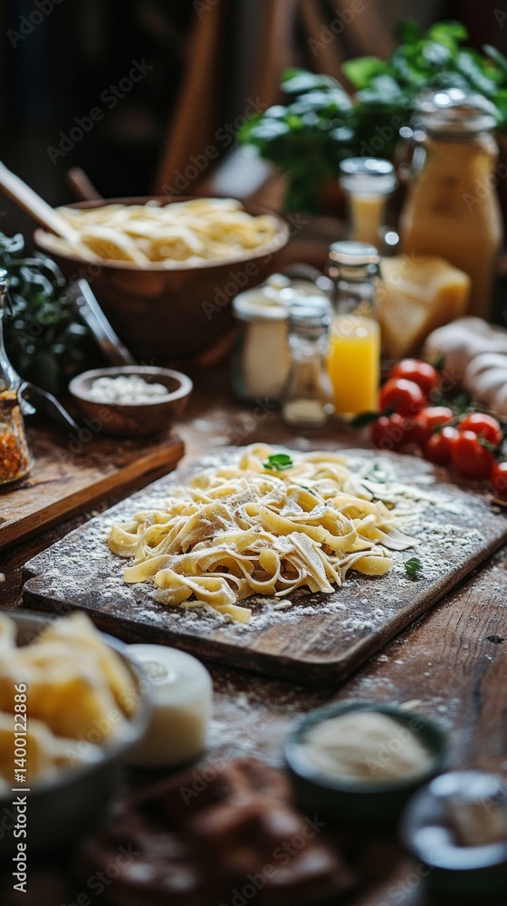 Fresh homemade pasta on a wooden board, surrounded by ingredients and kitchen utensils, in cooking blogs, recipes or food ads.