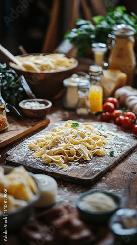 Obraz na płótnie Fresh homemade pasta on a wooden board, surrounded by ingredients and kitchen utensils, in cooking blogs, recipes or food ads. w salonie