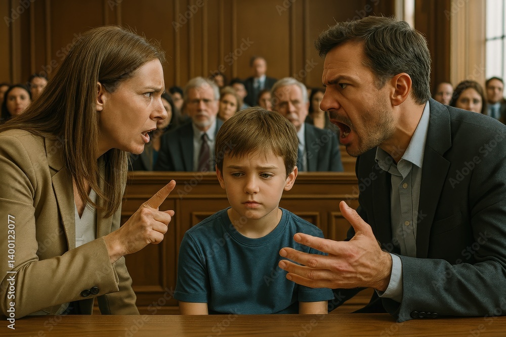 Fototapeta premium In a tense family court setting, a mother and father are engaged in a heated argument while their young son sits quietly, showing signs of distress amid the courtroom audience