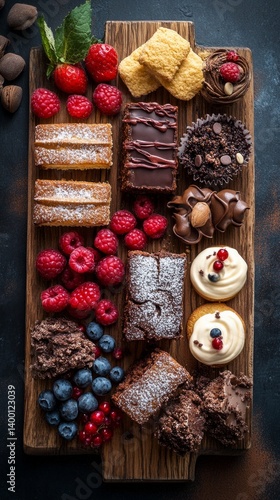 Obraz na płótnie Set of desserts on a wooden board: cakes, cupcakes, berries and chocolate tubes. Suitable for advertising pastry shops, cooking workshops, social networks. w salonie