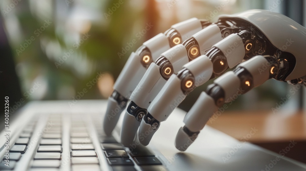 A robotic hand on a keyboard, symbolizing automation and technological progress. Perfect for blogs about AI, robotics and the future of technology.