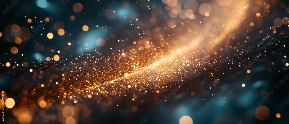 Abstract background with golden sparks and light effects, creating a festive and magical atmosphere. Suitable for design of invitations, greeting cards and advertising of holiday events.