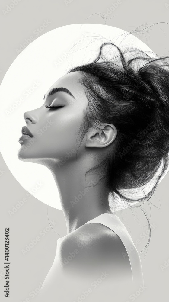 Black and white portrait of a woman with closed eyes, graceful profile and soft lighting, great for art and design projects.