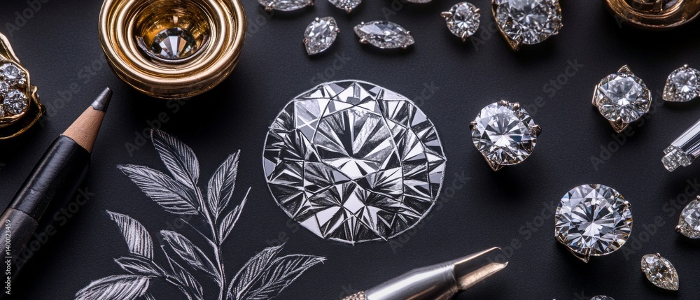 Shiny diamonds on black background with pencils and gold jewelry. Suitable for advertising jewelry, luxury, jewelry design.