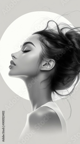 Obraz na płótnie Black and white portrait of a woman with closed eyes, graceful profile and soft lighting, great for art and design projects. w salonie
