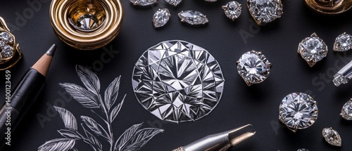 Obraz na płótnie Shiny diamonds on black background with pencils and gold jewelry. Suitable for advertising jewelry, luxury, jewelry design. w salonie