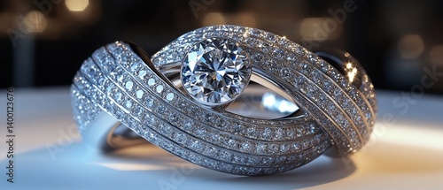 Obraz na płótnie Diamond ring with exquisite design on white background. Suitable for jewelry stores, jewelry reviews. w salonie