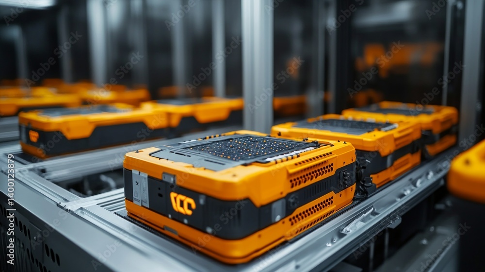 Bright orange robotic devices on conveyor belt in factory. Suitable for advertising technology, manufacturing companies, educational materials.