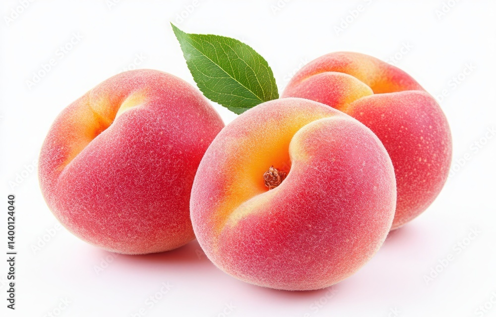 Fresh and Juicy Yellow Peaches with Leaves on White Background for Healthy Eating and Summer Desserts