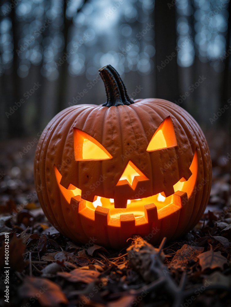 Glowing jack-o'-lantern in dark forest, Halloween celebration Glowing jack-o'-lantern in dark forest, Halloween celebration