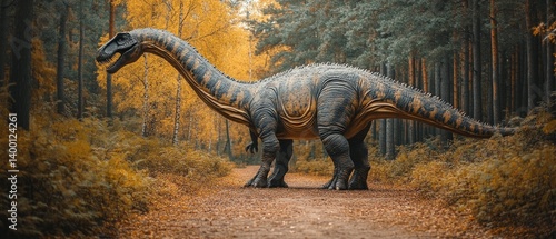 Obraz na płótnie Realistic illustration of a dinosaur in a forest environment, suitable for educational paleontology projects or children's books. w salonie