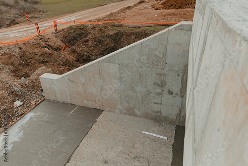 Tableau sur toile Concrete wall rising on construction site near dirt road