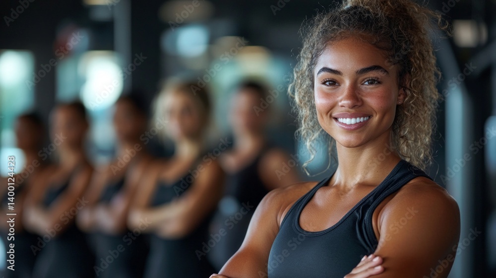 Smiling girl in sportswear on the background of training women in the gym. For fitness blogs, advertising of sports clubs.