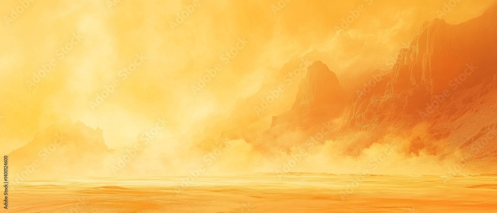 A misty landscape with outlines of mountains and rocks, creating an atmosphere of mystery and enigma, in art projects and illustrations.