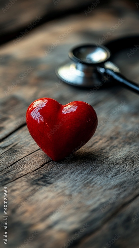 Heart and stethoscope on wooden surface, Perfect for medical and health topics related to heart function and health.