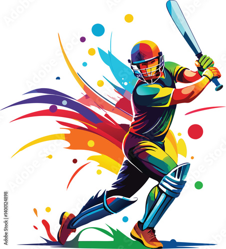 colorful batsman hitting a ball with splashes vector illustration, Abstract batsman playing cricket vector art, , creative abstract cricket player graphics