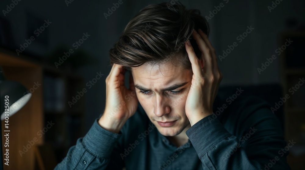 Young man is holding his head with his hands, trying to relieve a strong headache or anxiety, while working late in the evening in his home office Young man is holding his head with his hands, trying to relieve a strong headache or anxiety, while working late in the evening in his home office