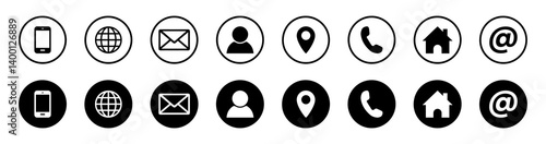 Visiting card icon set. Set of contact icons in outline and solid styles. Includes phone, email, globe, user, location, call, and home symbols. Ideal for web, mobile apps, and UI design projects.