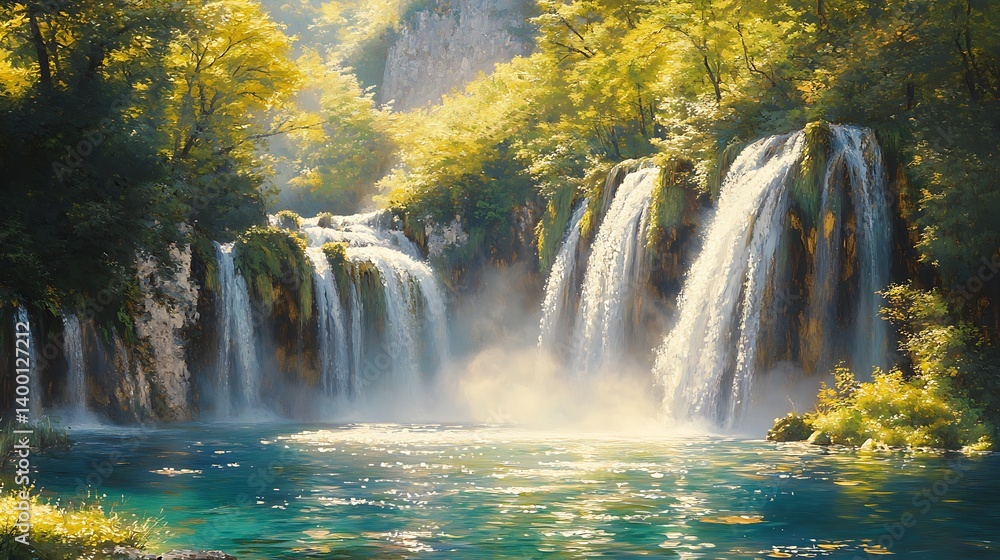 A breathtaking oil painting of Plitvice Lakes, cascading waterfalls flowing into turquoise pools, lush green foliage surrounding the crystal-clear water, golden sunlight filtering through the trees, A breathtaking oil painting of Plitvice Lakes, cascading waterfalls flowing into turquoise pools, lush green foliage surrounding the crystal-clear water, golden sunlight filtering through the trees,