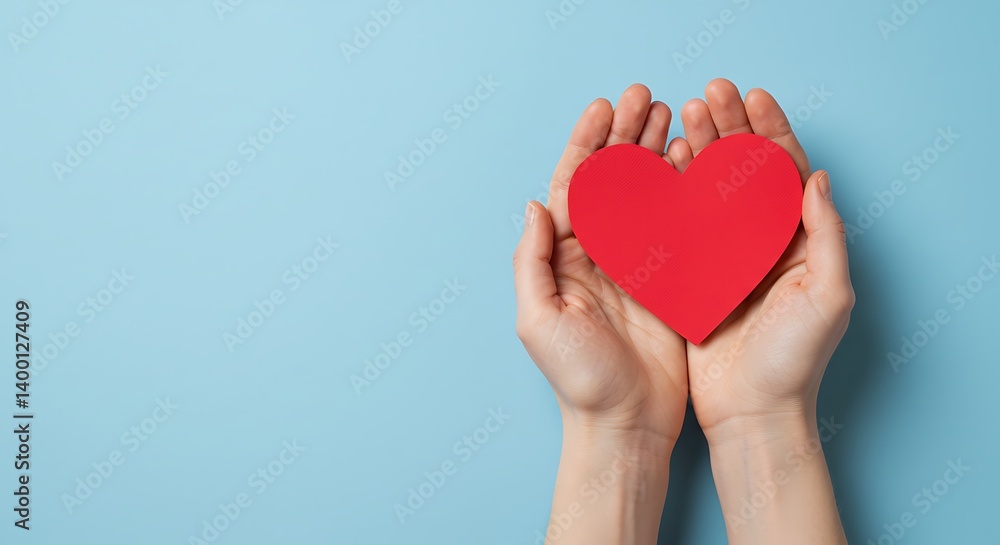 Holding Red Heart Shape in Hands Against Blue Background Holding Red Heart Shape in Hands Against Blue Background