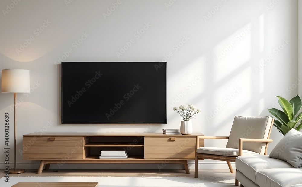 Modern Living Room with Blank Flat Screen TV, Mini Sofa, and Small Tree