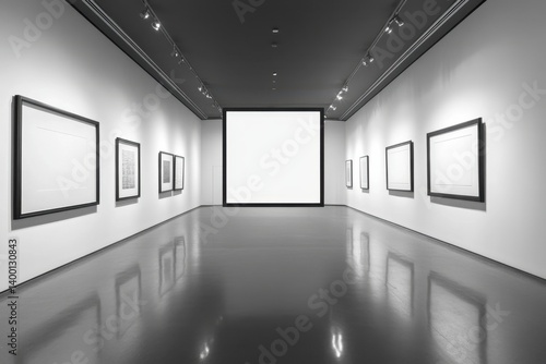 Serene monochrome gallery interior featuring framed artwork and a large blank display screen for artistic presentation
