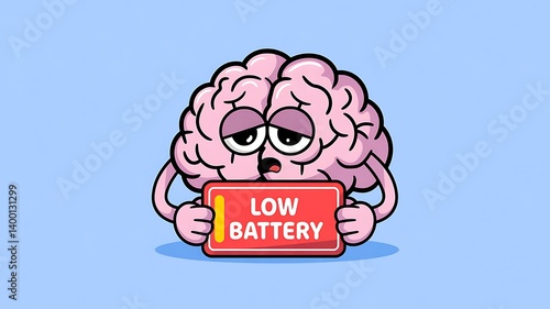Tired brain holding a 'low battery' sign, symbolizing mental exhaustion and needing rest.