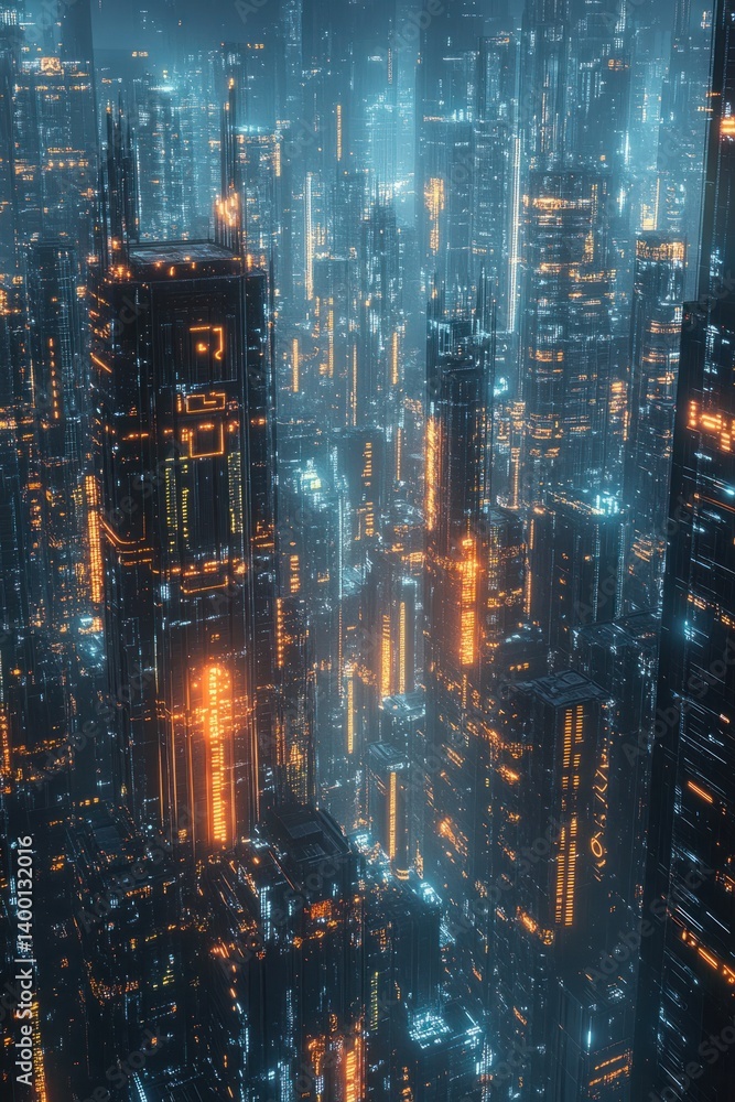 Fototapeta premium Futuristic cityscape at night with glowing skyscrapers and neon lights in vibrant hues of blue and orange