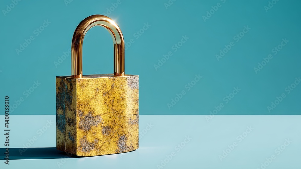 Fototapeta premium Golden lock security on vibrant blue background, protection and privacy symbolism