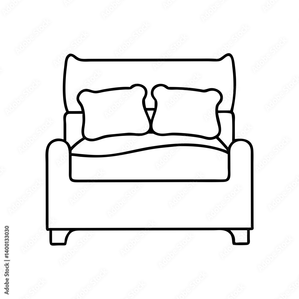 Line drawing of a comfortable twoseater sofa with pillows Line drawing of a comfortable twoseater sofa with pillows