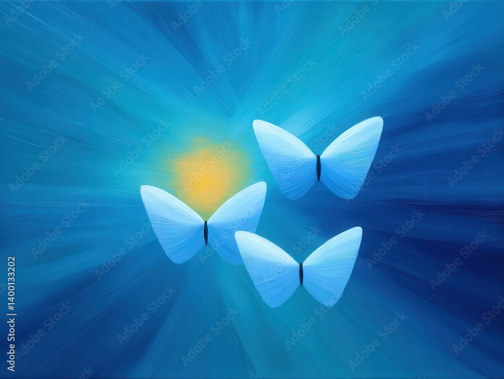 Three ethereal blue butterflies flutter against a vibrant blue background, illuminated by a soft golden light, creating a serene and dreamlike atmosphere. Three ethereal blue butterflies flutter against a vibrant blue background, illuminated by a soft golden light, creating a serene and dreamlike atmosphere.
