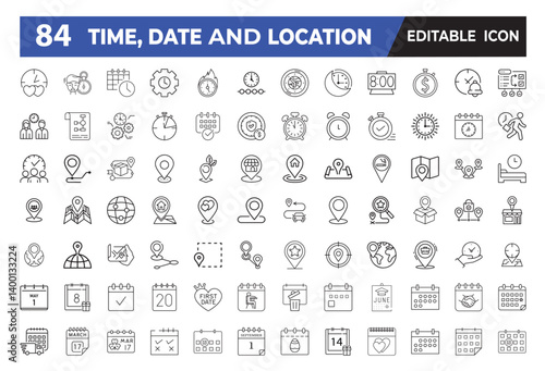 Time, date and location editable stroke outline icon
