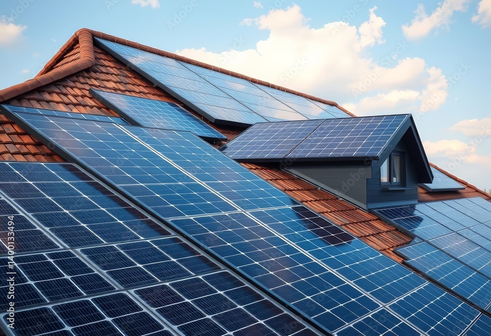 Fototapeta premium Modern solar panels seamlessly integrated onto a pitched roof, photovoltaic, home energy