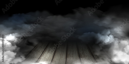 Smoke spreading over wooden floor in dark room
