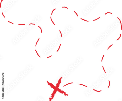 Treasure map element. A dashed line and red X mark ink on the map, the treasure map with a dotted line, X marks the spot, dashed line to an X, red ink	
