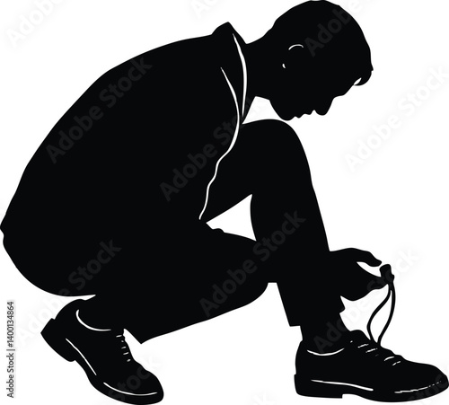 silhouette of man tying shoelaces 


