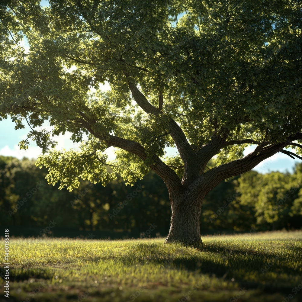 Fototapeta premium Majestic oak tree basking in sunlight on a vibrant green meadow with a serene forest background in summer