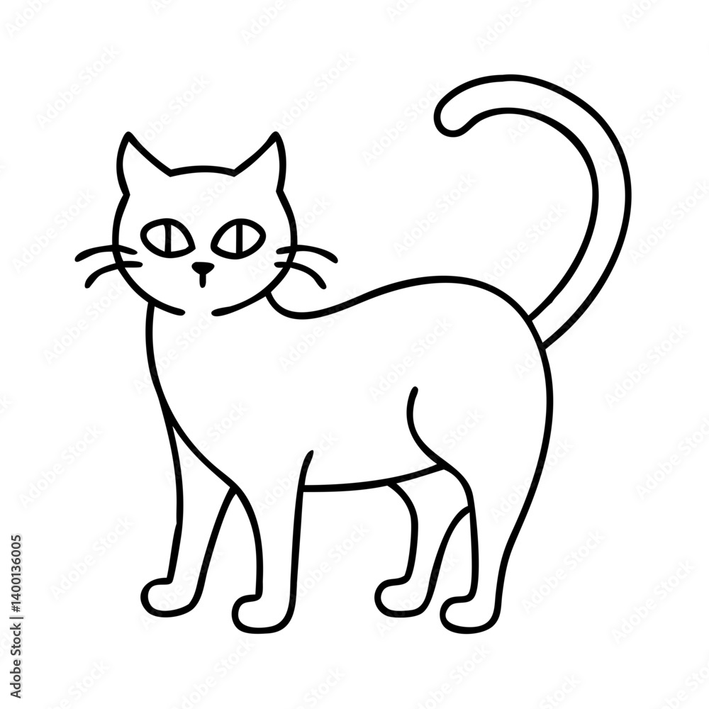 A Simple Line Drawing of a Cute Cat Standing with a Long Tail A Simple Line Drawing of a Cute Cat Standing with a Long Tail