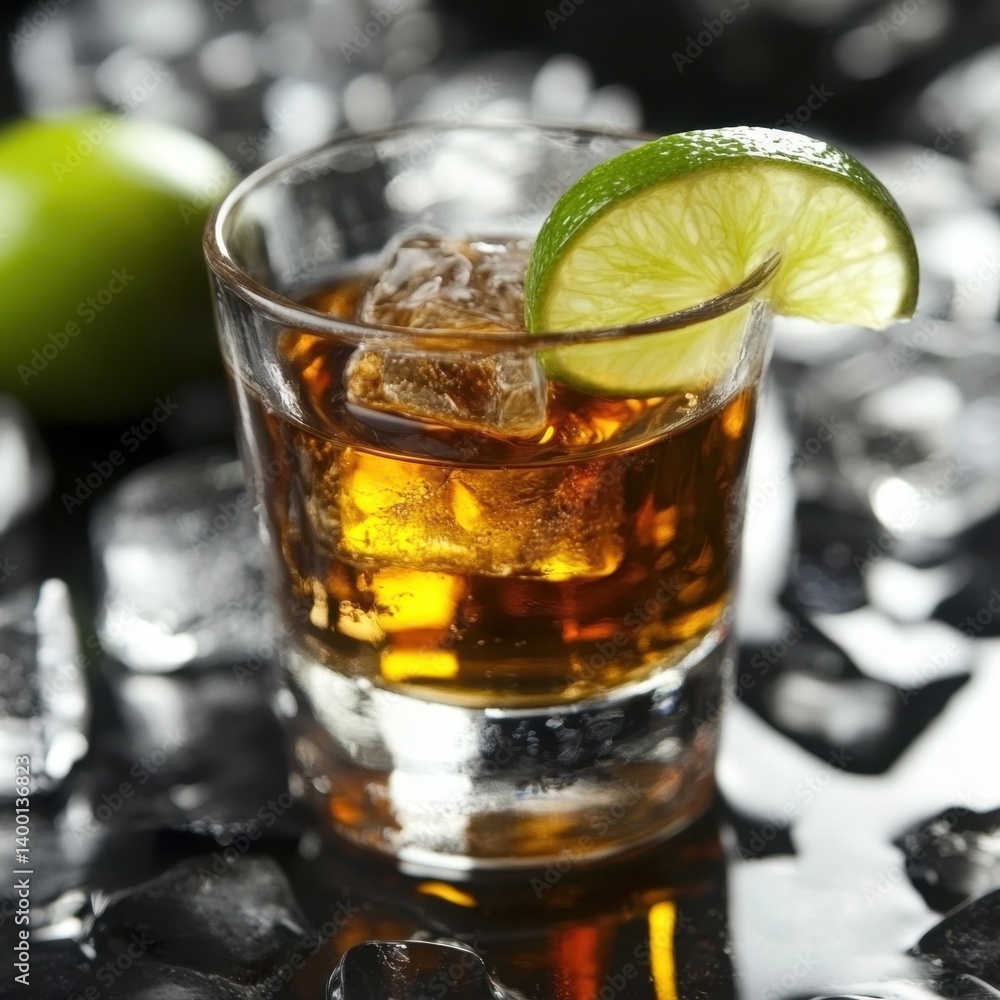 Refreshing rum cocktail with ice cubes and lime slice on a wet black surface in a bar setting close up Refreshing rum cocktail with ice cubes and lime slice on a wet black surface in a bar setting close up