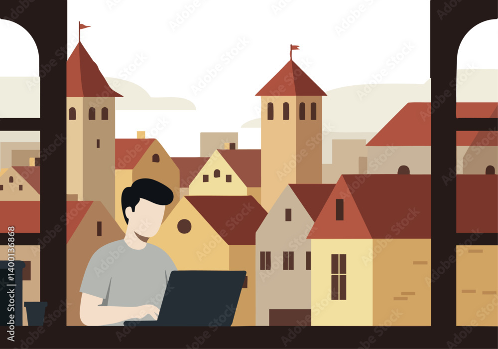 Obraz premium A young man sits at a window, working on a laptop. A picturesque town with castle towers is visible outside. Clean, modern illustration, ideal for travel or business concepts.