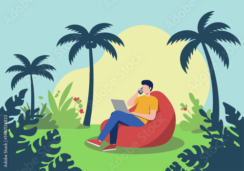 A young man relaxes in a beanbag chair, talking on his phone while using a laptop in a tropical setting. Lush foliage and palm trees create a vibrant, peaceful scene.