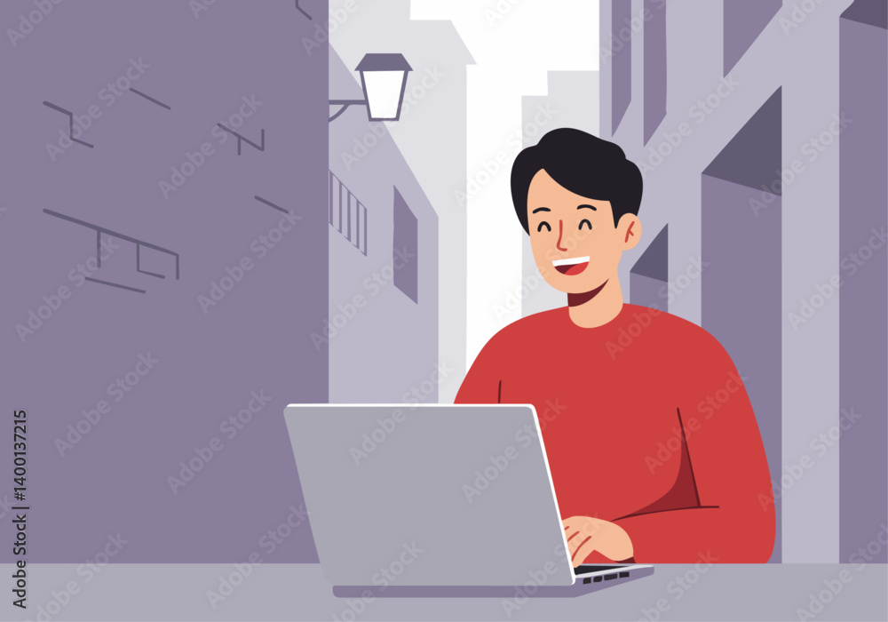 A smiling young Asian man works on a laptop outdoors. He's casually dressed and looks happy in a modern urban setting. Clean, bright, and versatile. A smiling young Asian man works on a laptop outdoors. He's casually dressed and looks happy in a modern urban setting. Clean, bright, and versatile.