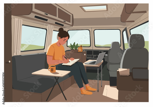 A young Asian woman works on a notebook in a cozy campervan. Natural light streams through the windows. A laptop sits nearby, creating a mobile workspace.