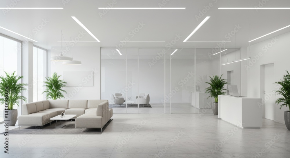 Fototapeta premium Minimalist white modern office with plants