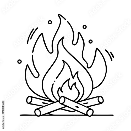 A Simple Line Drawing of a Campfire with Flames and Burning Wood