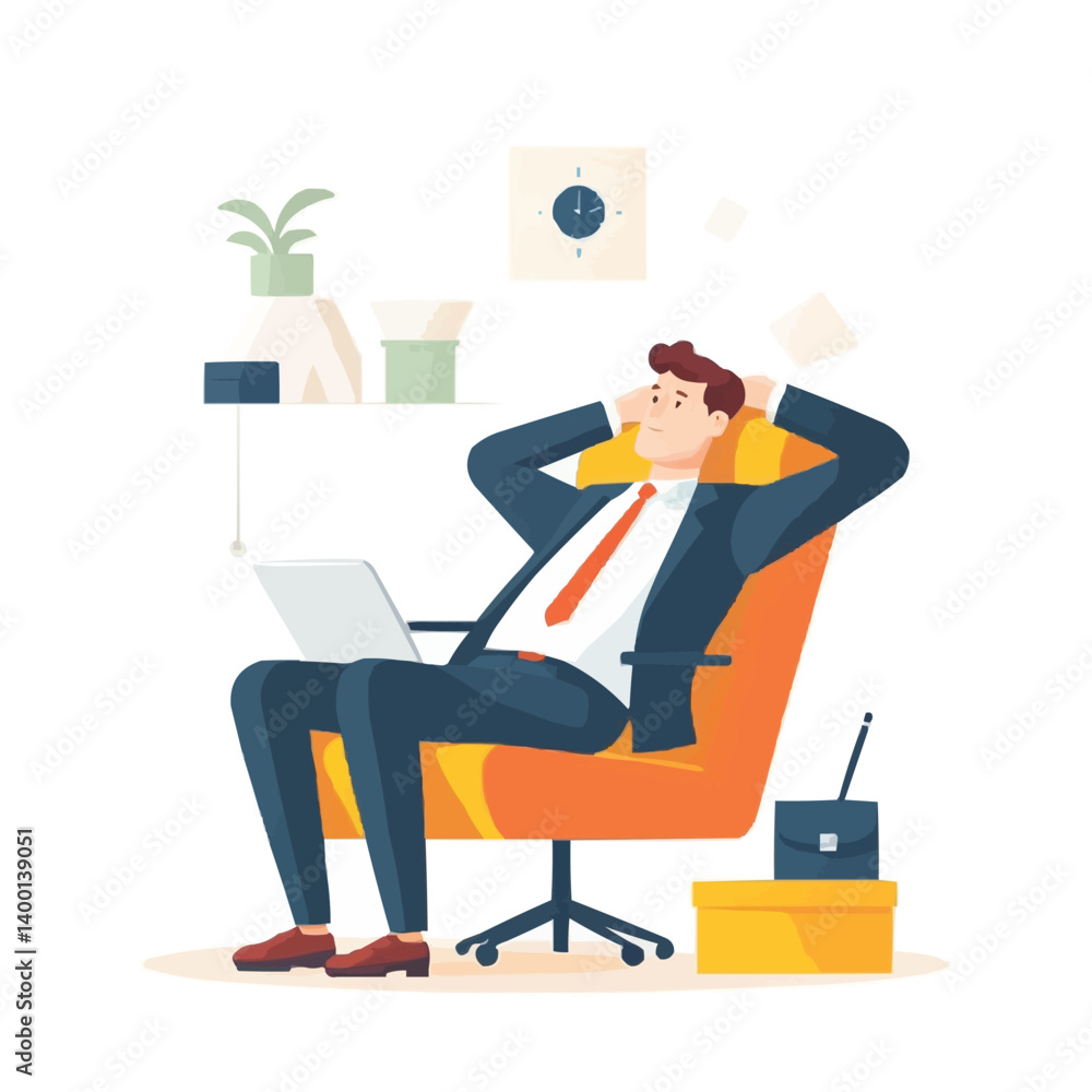 Tired businessman reclining in office chair with hands behind head symbolizing stress fatigue and workplace burnout Tired businessman reclining in office chair with hands behind head symbolizing stress fatigue and workplace burnout