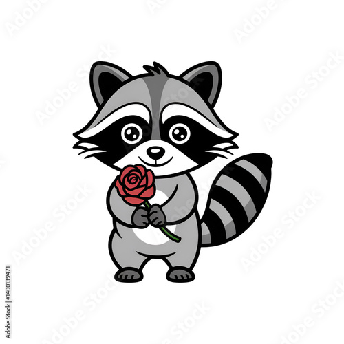 Raccoon holding rose cartoon illustration, cute animal with flower gift for love, romance